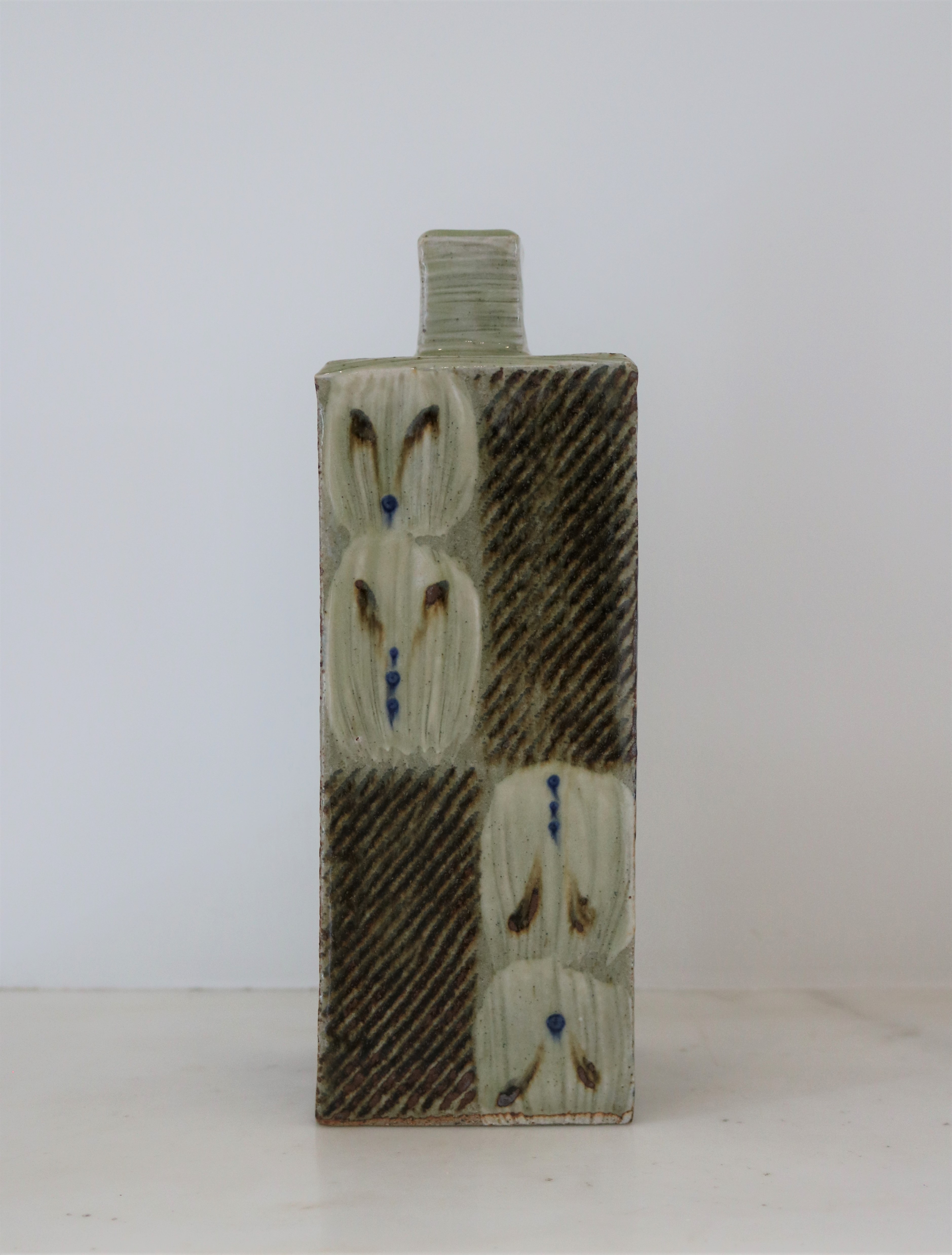 William Plumptre (b.1959)  Square Press-Moulded Bottle with inlaid iron and cobalt slip